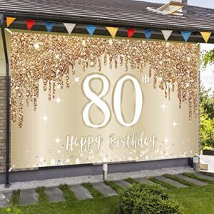 Happy 80th Birthday Banner Backdrop Decorations for Women, Gold White 80 Birthday Sign Party Supplies, Eighty Year Old Birthday Photo Booth Background Poster Decor(72.8 x 43.3 Inch)