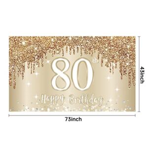 Happy 80th Birthday Banner Backdrop Decorations for Women, Gold White 80 Birthday Sign Party Supplies, Eighty Year Old Birthday Photo Booth Background Poster Decor(72.8 x 43.3 Inch)