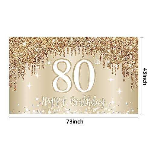 Happy 80th Birthday Banner Backdrop Decorations for Women, Gold White 80 Birthday Sign Party Supplies, Eighty Year Old Birthday Photo Booth Background Poster Decor(72.8 x 43.3 Inch)