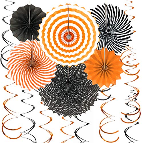 Black Orange Party Hanging Paper Fans Decorations - Halloween Party Swirls Hangings Decorations 1st Birthday Baby Shower Wedding Party Photo Booth Props Backdrops Decorations, 20pc