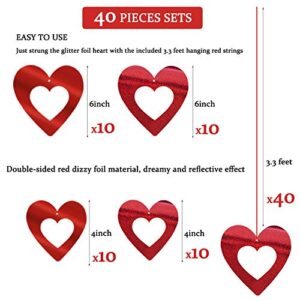 JOZON 40 Pieces Valentine's Day Glitter Heart Foil Hanging Decorations Red Hearts Hanging Ornaments Party Supplies for Indoor Outdoor Valentines Bridal Shower Anniversary Wedding Party Decorations