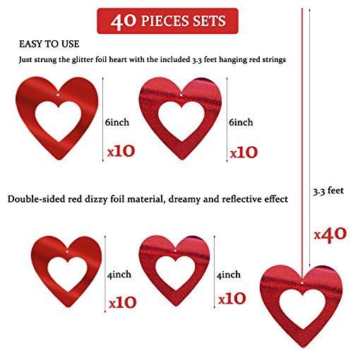 JOZON 40 Pieces Valentine's Day Glitter Heart Foil Hanging Decorations Red Hearts Hanging Ornaments Party Supplies for Indoor Outdoor Valentines Bridal Shower Anniversary Wedding Party Decorations