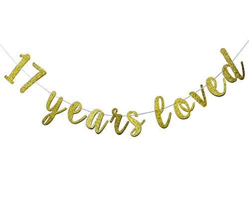 17 Years Loved Banner Sign Gold Glitter for 17th Birthday Party Decorations Anniversary Decor Pre-assembled Bunting Photo Booth Props