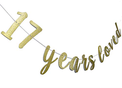 17 Years Loved Banner Sign Gold Glitter for 17th Birthday Party Decorations Anniversary Decor Pre-assembled Bunting Photo Booth Props