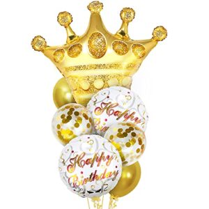 katchon, gold happy birthday balloon set – 30 inch, pack of 7 | crown balloons gold, gold confetti balloons for birthday party | gold happy birthday printed balloons, queen birthday party decorations