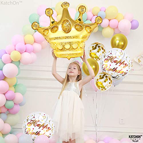 KatchOn, Gold Happy Birthday Balloon Set - 30 Inch, Pack of 7 | Crown Balloons Gold, Gold Confetti Balloons for Birthday Party | Gold Happy Birthday Printed Balloons, Queen Birthday Party Decorations