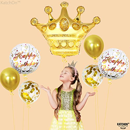 KatchOn, Gold Happy Birthday Balloon Set - 30 Inch, Pack of 7 | Crown Balloons Gold, Gold Confetti Balloons for Birthday Party | Gold Happy Birthday Printed Balloons, Queen Birthday Party Decorations