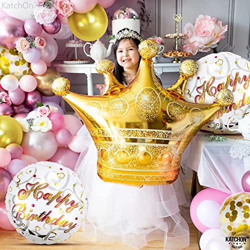 KatchOn, Gold Happy Birthday Balloon Set - 30 Inch, Pack of 7 | Crown Balloons Gold, Gold Confetti Balloons for Birthday Party | Gold Happy Birthday Printed Balloons, Queen Birthday Party Decorations