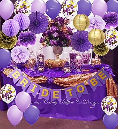 Purple Gold Bridal Shower Decorations Qian's Party Purple Gold Confetti Ballons Polka Dot Fans/Bride to Be Banner Purple Gold, Hen Party Engagement Banner Bachelorette Party Decorations