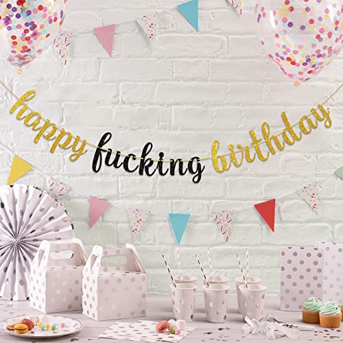 Dalaber Gold & Black Glitter Happy Birthday Banner - Funny Birthday Party Decoration for Adults Men Women - Happy 21st,30th, 40th, 50th Birthday Party Supplies