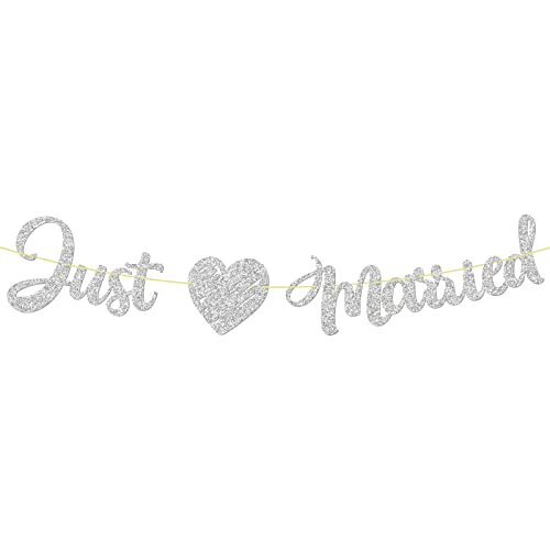 Just Married Banner for Wedding Bachelorette, Bridal Shower, Engagement Party Decoration Silver Gliter Sign, Mr and Mrs Sign