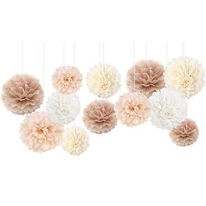 nicrohome wedding decorations, 12 pcs champagne tissue paper pom poms, creamy white paper flowers for engagement receptions, bachelorette, birthday, bridal showers party supplies