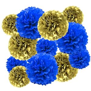 navy blue and gold tissue paper pom poms hanging tissue flowers poms decorations pack of 12 for wedding, birthday,party backdrop decor ect. (12″, 10″,tissue paper flowers)