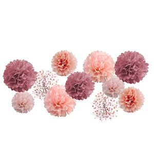 aimtohome 12 piece rose gold gradient rose gold dot white paper pom poms party kit ,tissue pom pom decorations for birthday party, family gathering,wedding decoration, boy or girl nursery decoration