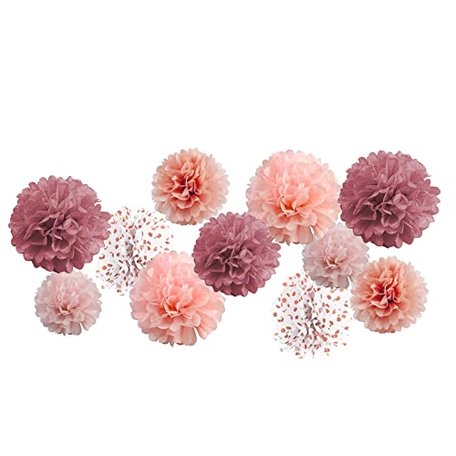 AimtoHome 12 Piece Rose Gold Gradient Rose Gold Dot White Paper Pom Poms Party Kit ,Tissue Pom Pom Decorations for Birthday Party, Family Gathering,Wedding Decoration, Boy or Girl Nursery Decoration