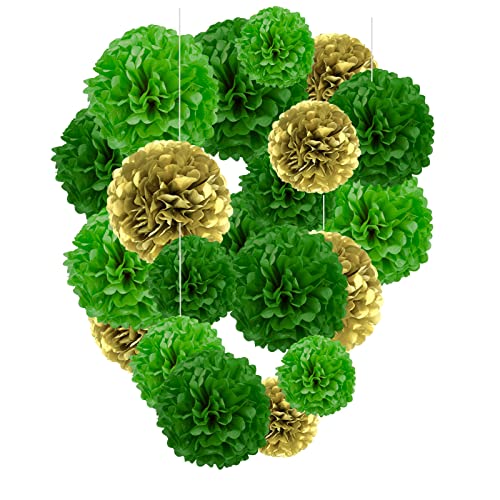 Green and Gold Paper Pom Poms - 10",12" Tissue Pom Poms Decorations for Party Hanging Decor - 12 Piece Set
