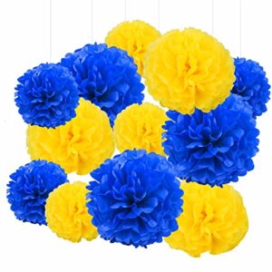 navy blue and yellow tissue paper pom poms,hanging paper pompoms flower ball wedding birthday party decoration （6pcs 12in pom pom & 6pcs 10in pom pom）