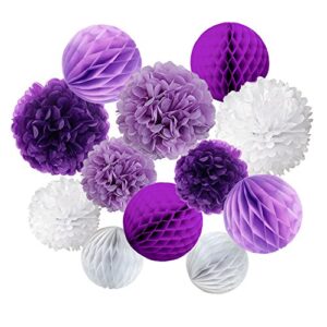 cocodeko tissue paper pompoms and honeycomb balls for birthday party wedding baby shower bridal shower festival decorations – purple, lavender and white