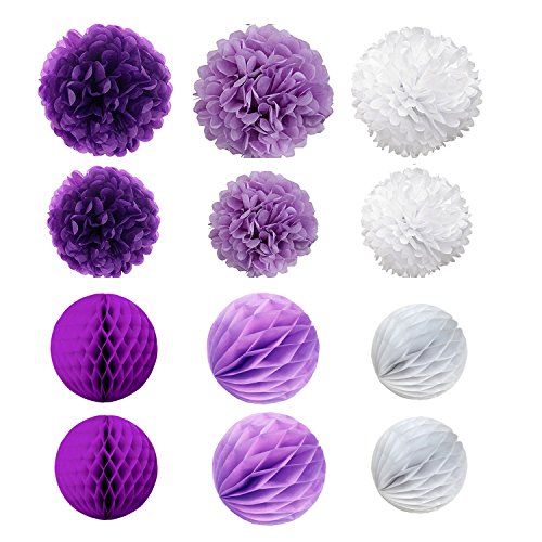 Cocodeko Tissue Paper Pompoms and Honeycomb Balls for Birthday Party Wedding Baby Shower Bridal Shower Festival Decorations - Purple, Lavender and White