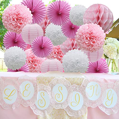 16pcs Pink Party Decorations Paper Pom Poms Honeycomb Balls Lanterns Tissue Fans for Birthday Wedding Baby Shower Graduation Valentine Party Supplies