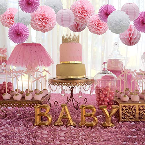 16pcs Pink Party Decorations Paper Pom Poms Honeycomb Balls Lanterns Tissue Fans for Birthday Wedding Baby Shower Graduation Valentine Party Supplies