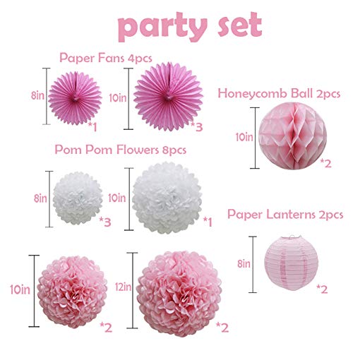 16pcs Pink Party Decorations Paper Pom Poms Honeycomb Balls Lanterns Tissue Fans for Birthday Wedding Baby Shower Graduation Valentine Party Supplies