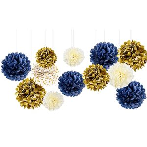 nicrolandee 12 pcs navy blue gold tissue paper pom poms for birthday, baby bridal shower, wedding, bachelorette, get ready, graduations, navy blue party decorations