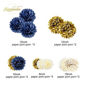 NICROLANDEE 12 PCS Navy Blue Gold Tissue Paper Pom Poms for Birthday, Baby Bridal Shower, Wedding, Bachelorette, Get Ready, Graduations, Navy Blue Party Decorations