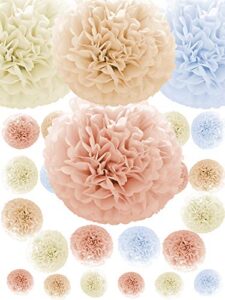 natural neutral colors tissue paper pom poms [24 pack – sizes 14″, 10″, 8″, 6″ in white, champagne, peach, ivory] party decor pompoms – paper flowers for weddings, showers & room decorations