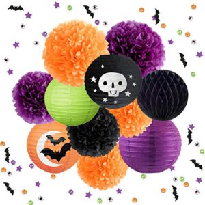 nicrolandee halloween party decorations – 12pcs black orange hanging decorative paper lantern tissue pom poms bat spider table confetti for horror party, halloween theme party, home decor