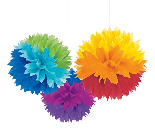 amscan Party Decorations, Fluffy Paper Decorations, Party Supplies, Rainbow, 16 inches, 3 ct (10111717)