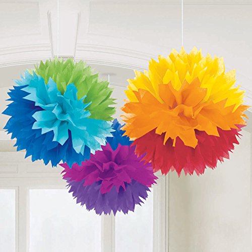 amscan Party Decorations, Fluffy Paper Decorations, Party Supplies, Rainbow, 16 inches, 3 ct (10111717)