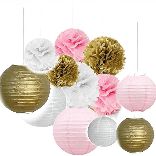 Since Set of 12 Mixed Gold Pink White Tissue Paper Pom Poms Flower Paper Lanterns Wedding Birthday Girl Baby Shower Party Decoration