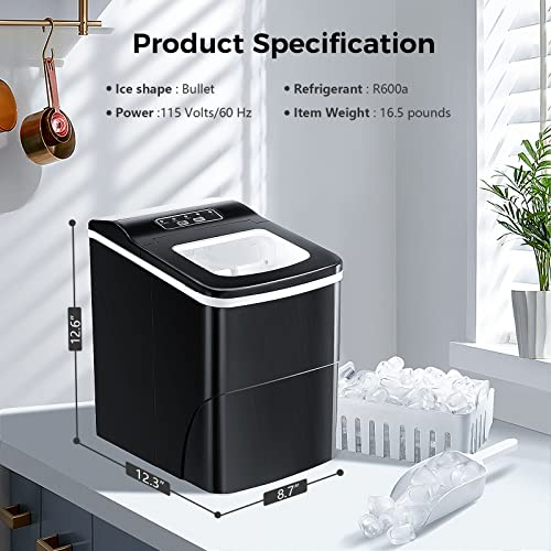 AGLUCKY Countertop Ice Maker Machine, Portable Ice Makers Countertop, Make 26 lbs ice in 24 hrs,Ice Cube Rready in 6-8 Mins with Ice Scoop and Basket (Black)