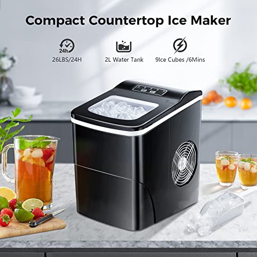 AGLUCKY Countertop Ice Maker Machine, Portable Ice Makers Countertop, Make 26 lbs ice in 24 hrs,Ice Cube Rready in 6-8 Mins with Ice Scoop and Basket (Black)