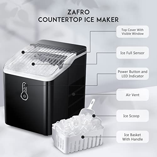 ZAFRO Ice Maker Countertop, Portable Ice Maker with Self-Cleaning, 26Lbs/24Hrs, 9 Cubes Ready in 8 Mins, One-Click Operation, Compact Ice Maker with Ice Scoop/Basket for Home/Kitchen/Office/Bar, Black