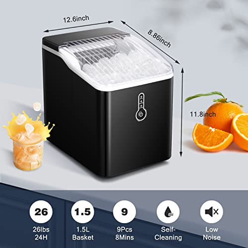 ZAFRO Ice Maker Countertop, Portable Ice Maker with Self-Cleaning, 26Lbs/24Hrs, 9 Cubes Ready in 8 Mins, One-Click Operation, Compact Ice Maker with Ice Scoop/Basket for Home/Kitchen/Office/Bar, Black