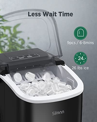 Silonn Countertop Ice Maker, 9 Cubes Ready in 6 Mins, 26lbs in 24Hrs, Self-Cleaning Ice Machine with Ice Scoop and Basket, 2 Sizes of Bullet Ice for Home Kitchen Office Bar Party, Black (SLIM09)