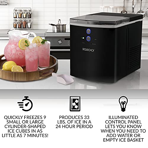 Igloo Large-Capacity Automatic Portable Electric Countertop Ice Maker Machine, 33 Pounds in 24 Hours, 9 Ice Cubes Ready in 7 Minutes, with Ice Scoop and Basket, Illuminated LED Lights