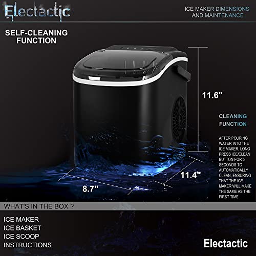 Electactic Ice Maker Countertop, Efficient Easy Carry Ice Machine, Self-Cleaning Ice Maker with Ice Scoop & Basket, 9pcs/ 8mins 26.6Lbs Per Day for Home/Office/Kitchen, Black, Z5812H-BLACK