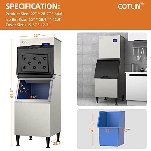 COTLIN Commercial Ice Maker Machine 400LBS/24H with 350LBS Large Storage Bin, 22" Air Cooled Industrial Modular Ice Machine Stainless Steel Clear Cube Perfect for Restaurant Bussiness