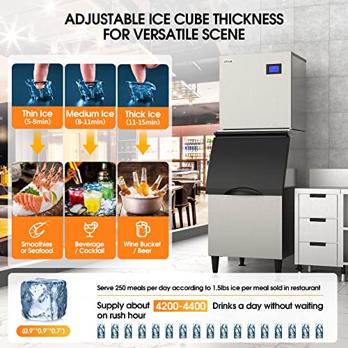 COTLIN Commercial Ice Maker Machine 400LBS/24H with 350LBS Large Storage Bin, 22" Air Cooled Industrial Modular Ice Machine Stainless Steel Clear Cube Perfect for Restaurant Bussiness