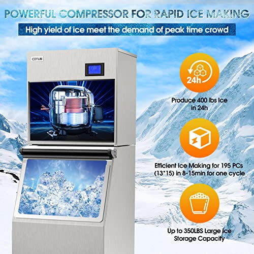 COTLIN Commercial Ice Maker Machine 400LBS/24H with 350LBS Large Storage Bin, 22" Air Cooled Industrial Modular Ice Machine Stainless Steel Clear Cube Perfect for Restaurant Bussiness