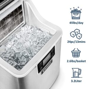 EUHOMY Ice Maker Machine Countertop, 2 Ways to Add Water,45Lbs/Day 24 Pcs Ready in 13 Mins, Self-Cleaning Portable Compact Ice Cube Maker with Ice Scoop & Basket, Perfect for Home/Kitchen/Office/Bar