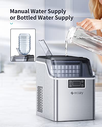 ecozy Portable Ice Makers Countertop, 44lbs Per Day, 24 Cubes Ready in 13 Mins, 2 Ways to Add Water, Self-Cleaning Ice Maker with Ice Bags/Ice Scoop/Ice Basket for Home Office Bar Party, Silver