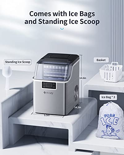 ecozy Portable Ice Makers Countertop, 44lbs Per Day, 24 Cubes Ready in 13 Mins, 2 Ways to Add Water, Self-Cleaning Ice Maker with Ice Bags/Ice Scoop/Ice Basket for Home Office Bar Party, Silver