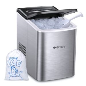 ecozy portable ice maker countertop, 9 cubes ready in 6 mins, 26 lbs in 24 hours, self-cleaning ice maker machine with ice bags/ice scoop/ice basket for home kitchen office bar party, silver