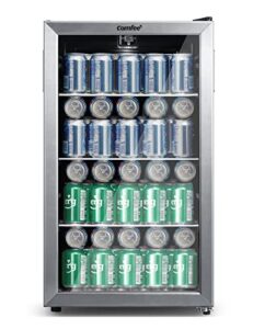 comfee’ crv115tast cooler, 115 cans beverage refrigerator, adjustable thermostat, glass door with stainless steel frame, reversible hinge door and legs for home, apartment