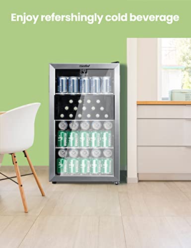 COMFEE' CRV115TAST Cooler, 115 Cans Beverage Refrigerator, Adjustable Thermostat, Glass Door With Stainless Steel Frame, Reversible Hinge Door And Legs For Home, Apartment