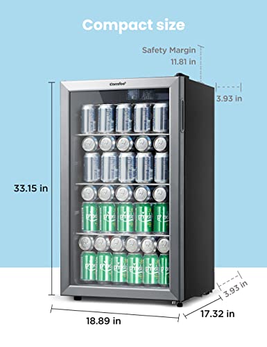 COMFEE' CRV115TAST Cooler, 115 Cans Beverage Refrigerator, Adjustable Thermostat, Glass Door With Stainless Steel Frame, Reversible Hinge Door And Legs For Home, Apartment